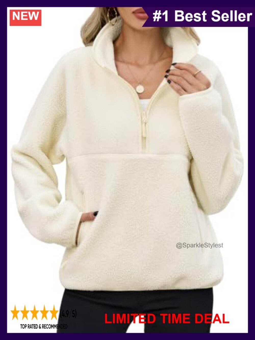Womens Fleece Half Zip Pullover Fuzzy Sherpa Jacket with Pockets